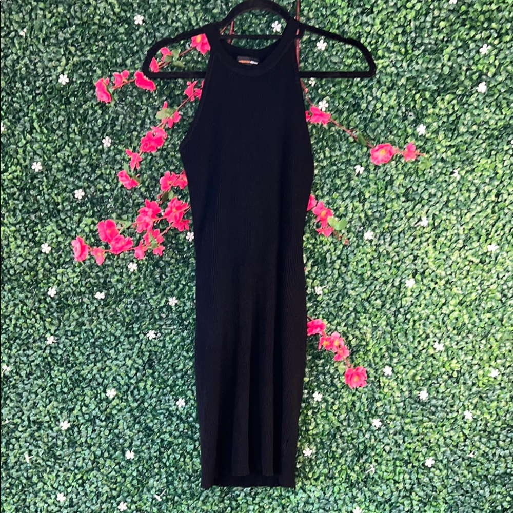 Ambiance Black Bodycon Midi Dress with Halter Neckline for Cocktail
